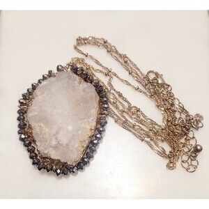 Druzy Crystal Quartz Geode Slice Goldtone Necklace 36 In Chain 2 In Pendant
